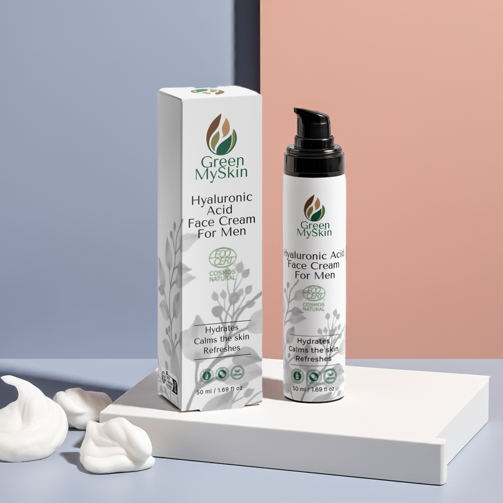 Vegan hyaluronic acid face cream for men with organic, cruelty-free ingredients to hydrate, smooth, and rejuvenate skin, available at greenmyskin.com.