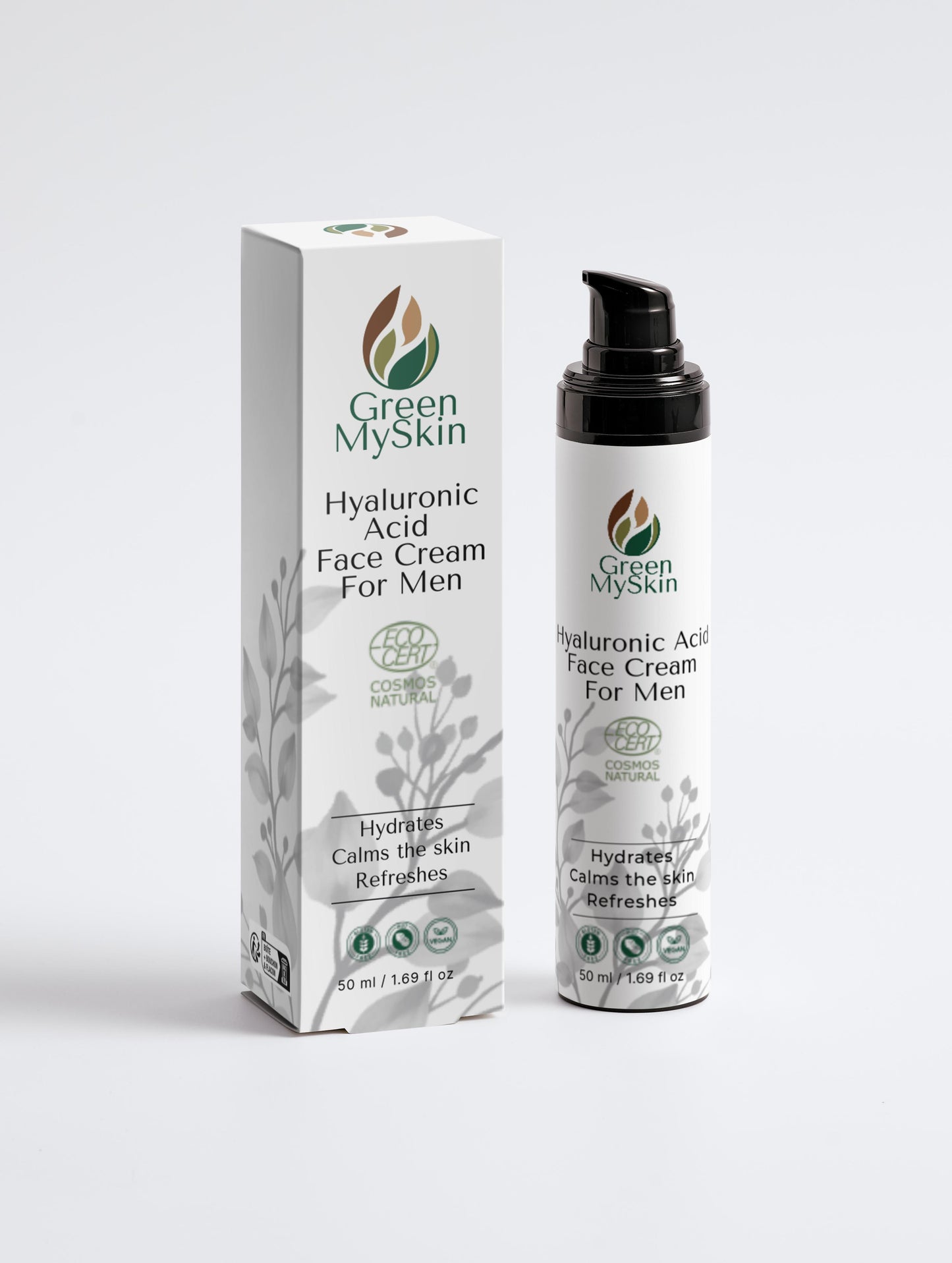 Vegan hyaluronic acid face cream for men with organic, cruelty-free ingredients to hydrate, smooth, and rejuvenate skin, available at greenmyskin.com.