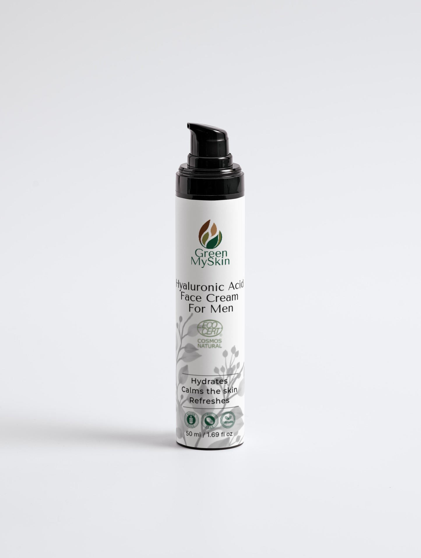 Hyaluronic face cream for men, hydrates and calms skin, 50ml bottle.