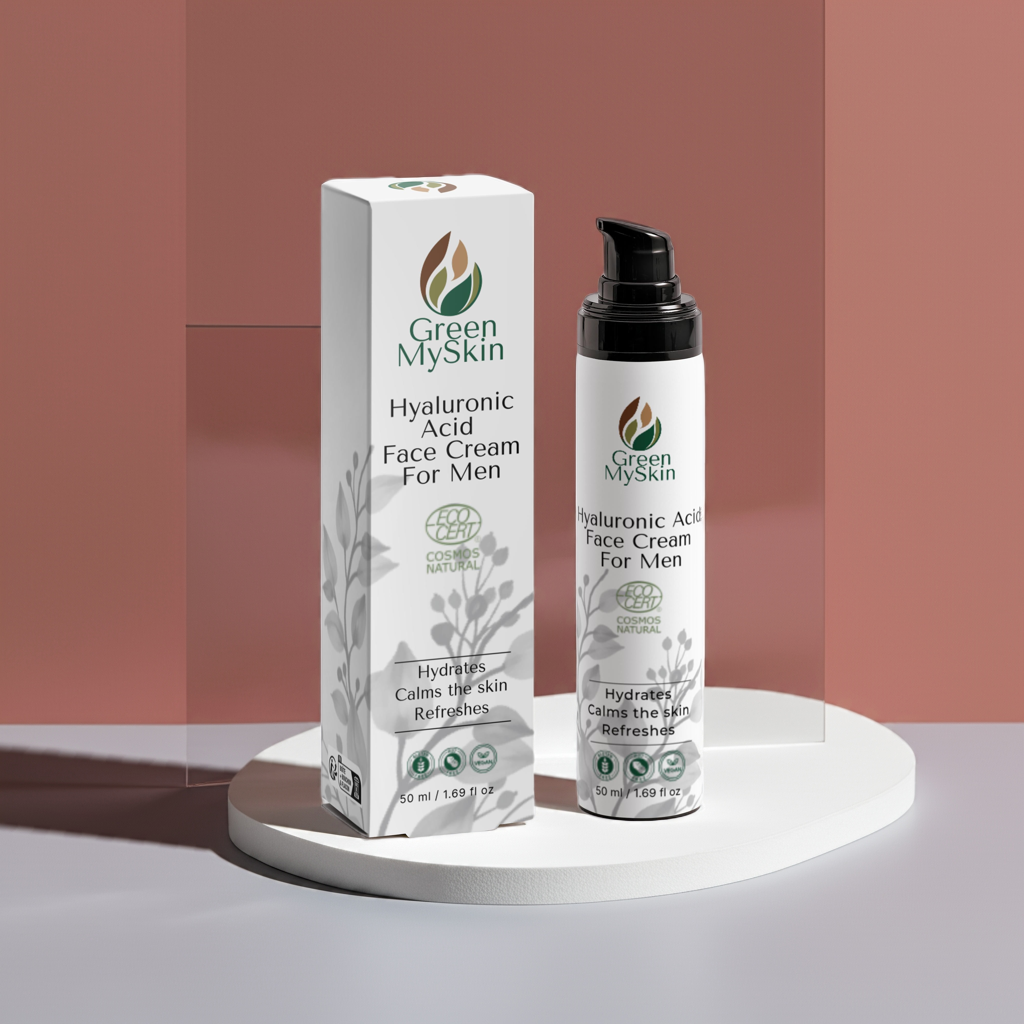 Vegan hyaluronic acid face cream for men with organic, cruelty-free ingredients to hydrate, smooth, and rejuvenate skin, available at greenmyskin.com.