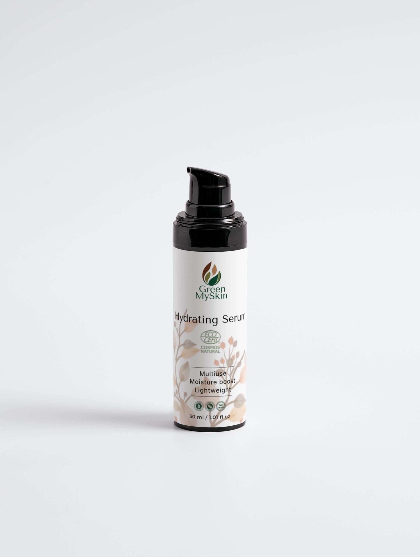 Vegan hydrating serum with organic, cruelty-free ingredients to deeply moisturize, replenish, and revitalize skin, available at greenmyskin.com.