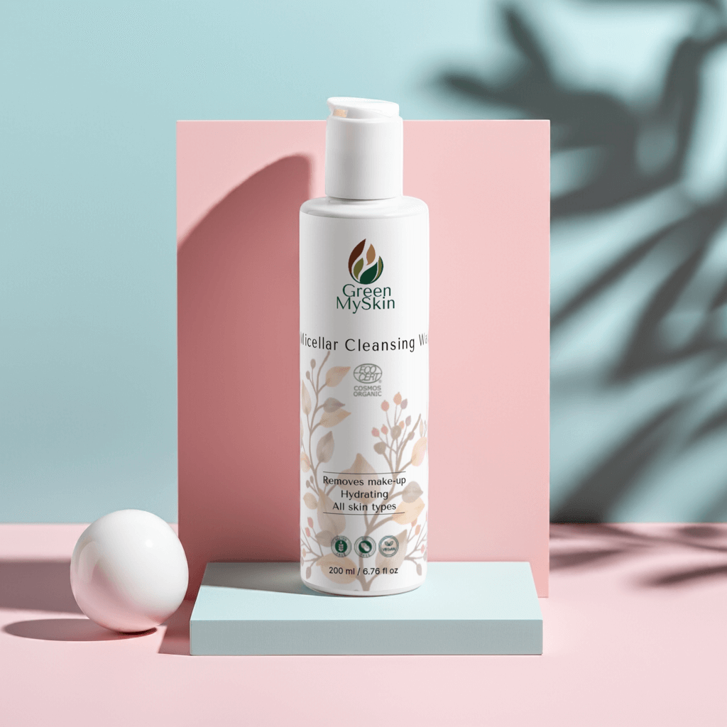 Bottle of Green My Skin's vegan micellar cleansing water, featuring organic and cruelty-free ingredients for gentle makeup removal and skin hydration.
