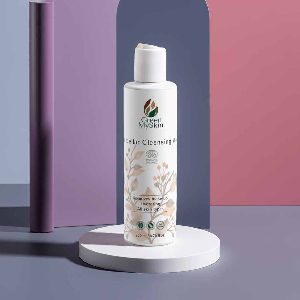 Vegan micellar cleansing water from greenmyskin.com, made with organic, cruelty-free ingredients to gently remove makeup and hydrate skin.
