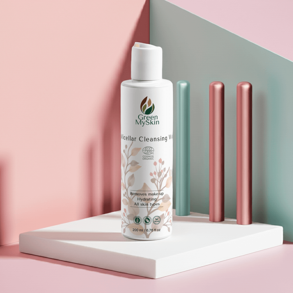 Cruelty-free and organic vegan micellar water, available at greenmyskin.com, that cleanses and soothes skin while removing impurities.