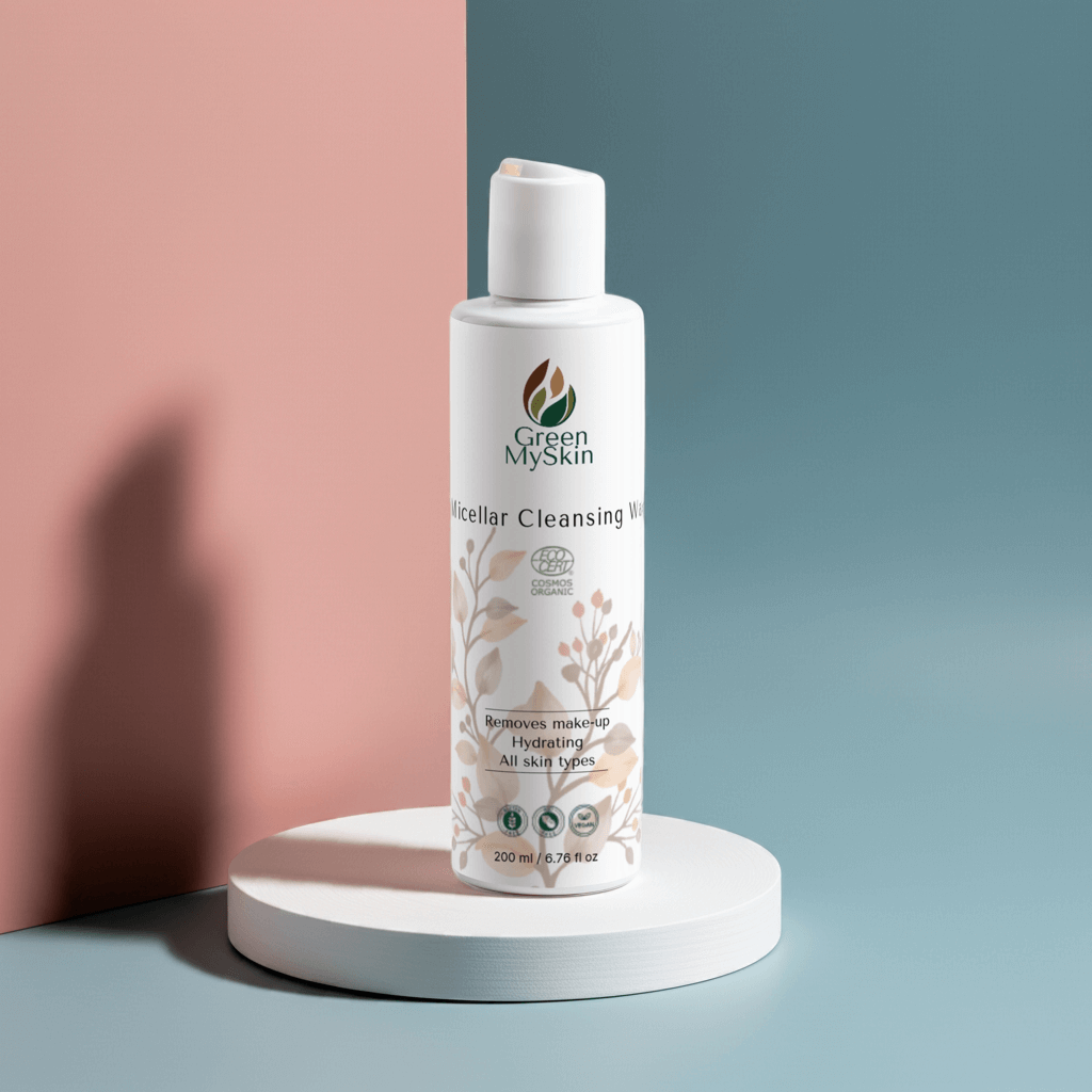 Micellar cleansing water (vegan and cruelty-free) by Green My Skin, with organic ingredients for gentle makeup removal, hydration, and skin soothing.