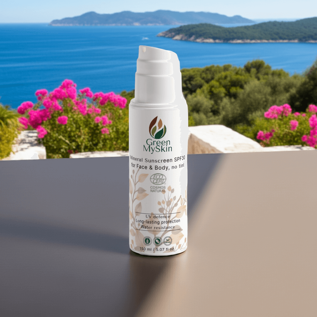 Cosmos Natural Mineral Sunscreen SPF30 (vegan, broad-spectrum UVA/UVB, water-resistant) for face and body, in a convenient pump bottle.