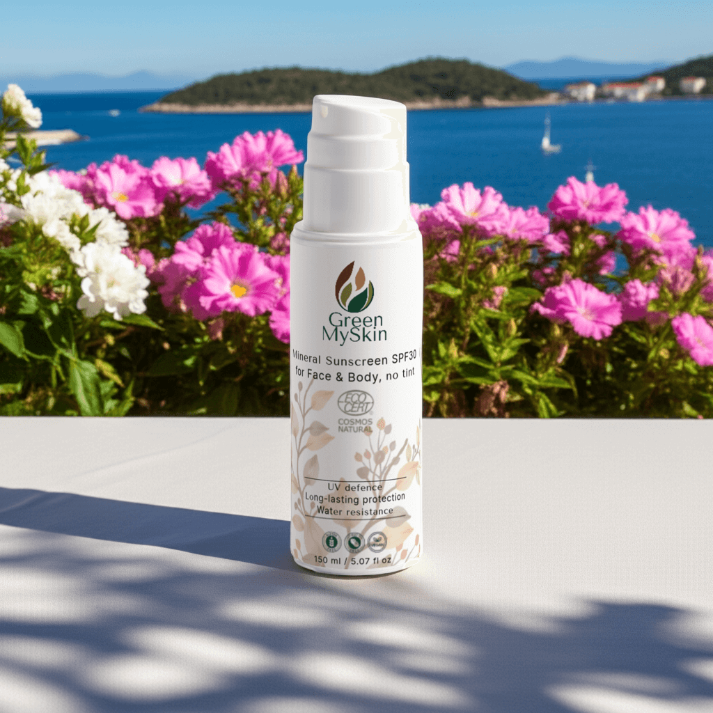 Pump bottle of Cosmos Natural Mineral Sunscreen SPF30, providing vegan, broad-spectrum UVA/UVB protection for face and body, plus water resistance.