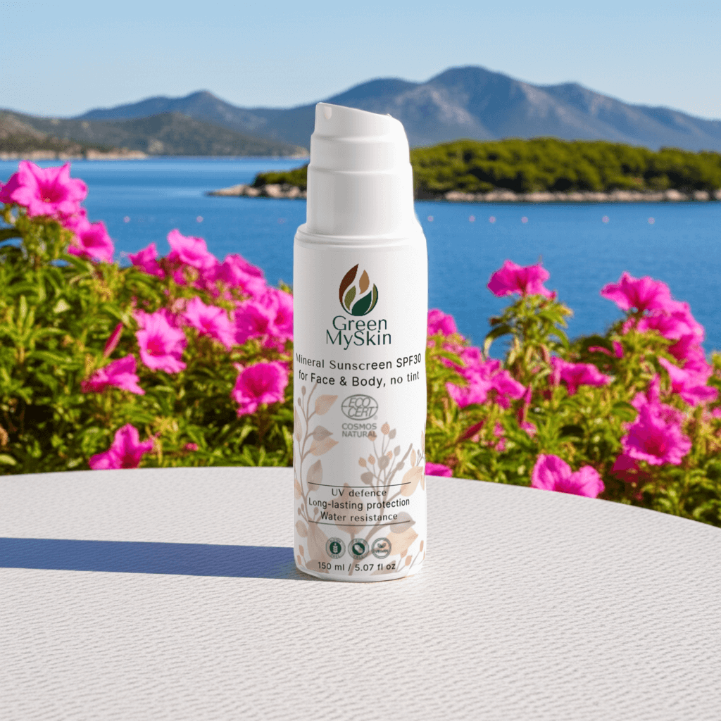 Vegan and water-resistant Mineral Sunscreen SPF30 with broad-spectrum UVA/UVB defense for face and body, in a pump bottle, Cosmos Natural certified.