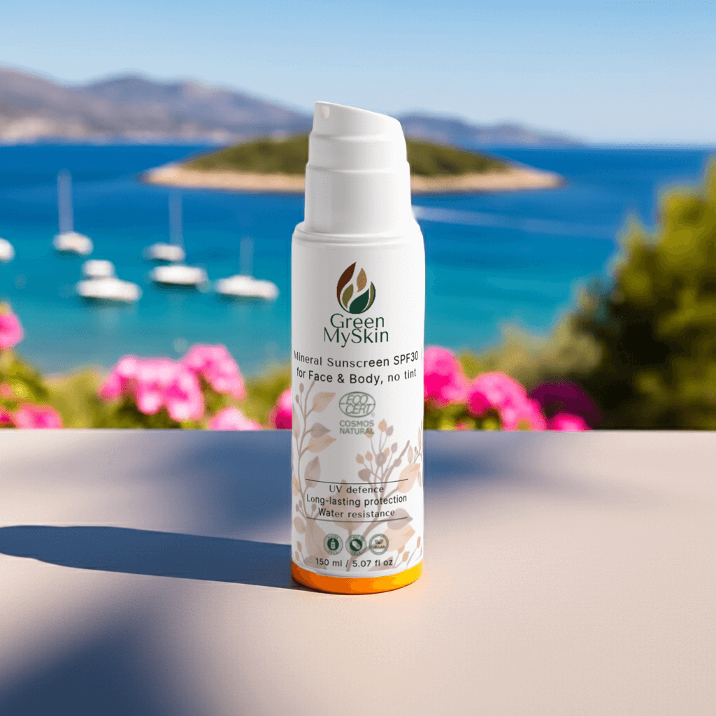 Mineral Sunscreen SPF30 for Face & Body in a pump bottle, offering vegan, broad-spectrum UVA/UVB defense and water resistance. Cosmos Natural certified.