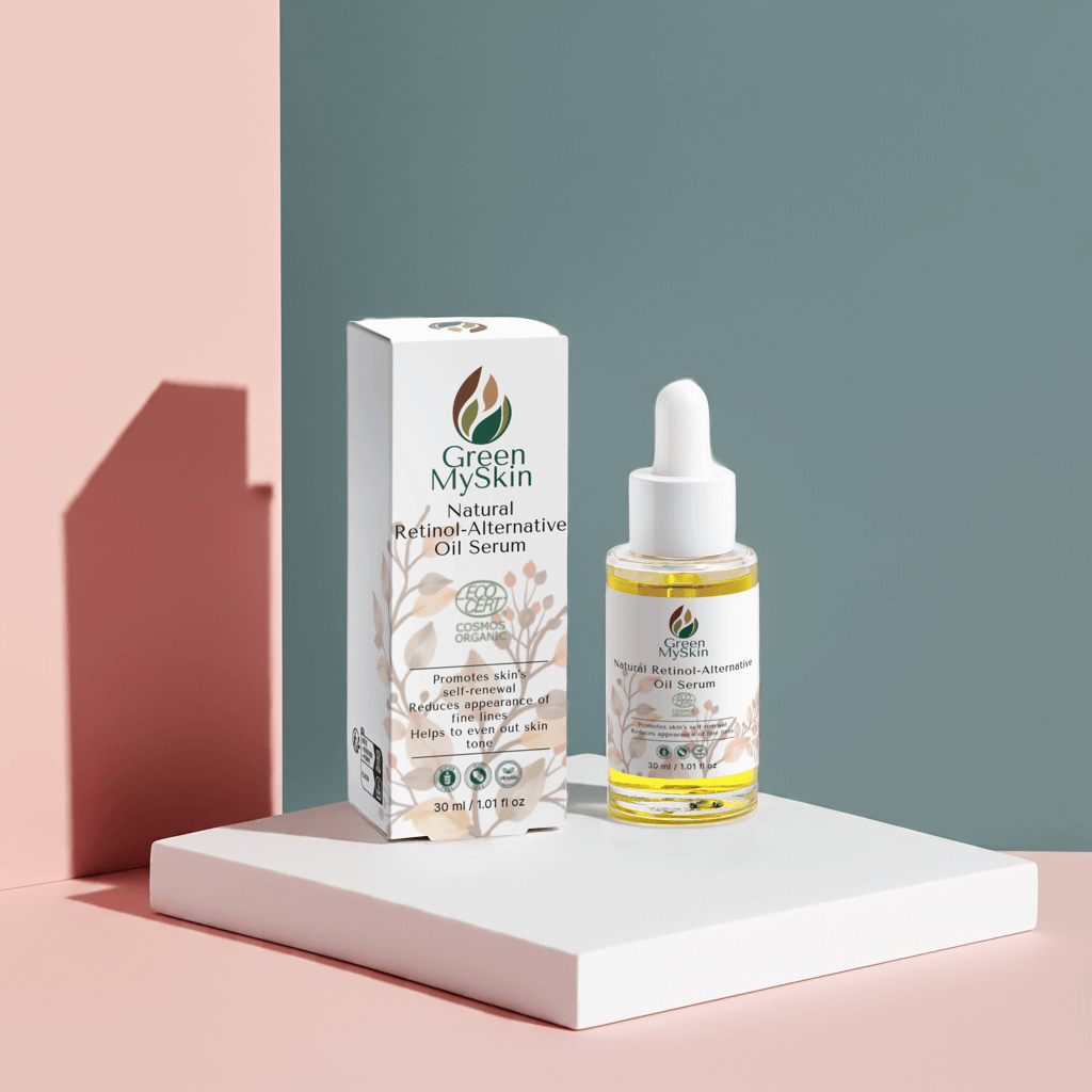 Oil serum (natural retinol alternative) with bottle and box, for renewed skin and an even tone.