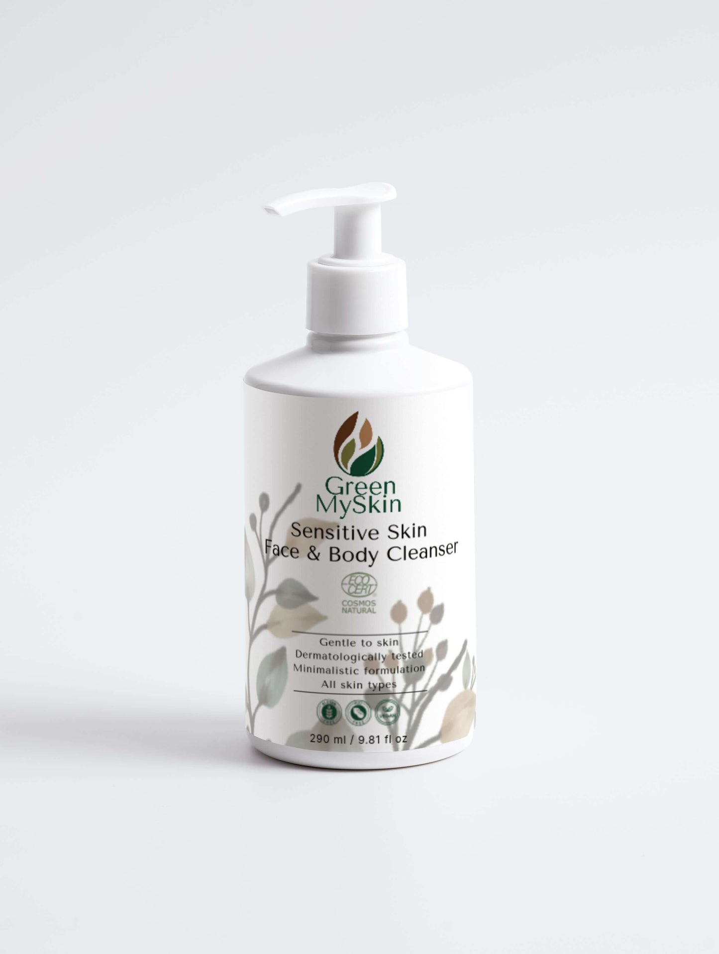 White bottle of Green MySkin Sensitive Skin Face & Body Cleanser on a white background