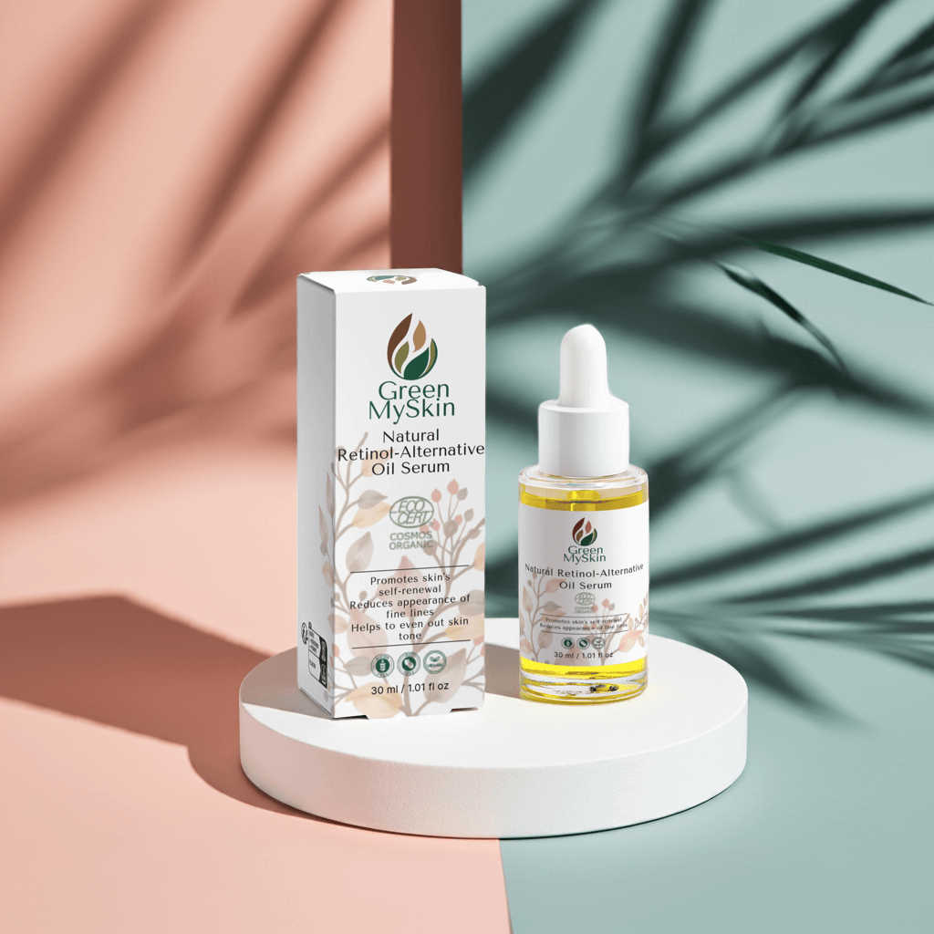 Natural retinol alternative oil serum, in its bottle and box, supporting skin renewal and a more even skin tone.