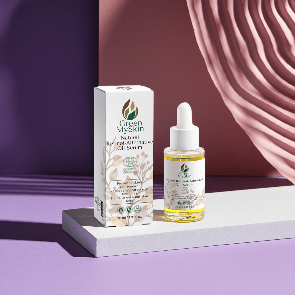 Boxed natural retinol alternative oil serum designed for skin renewal and evening out skin tone.