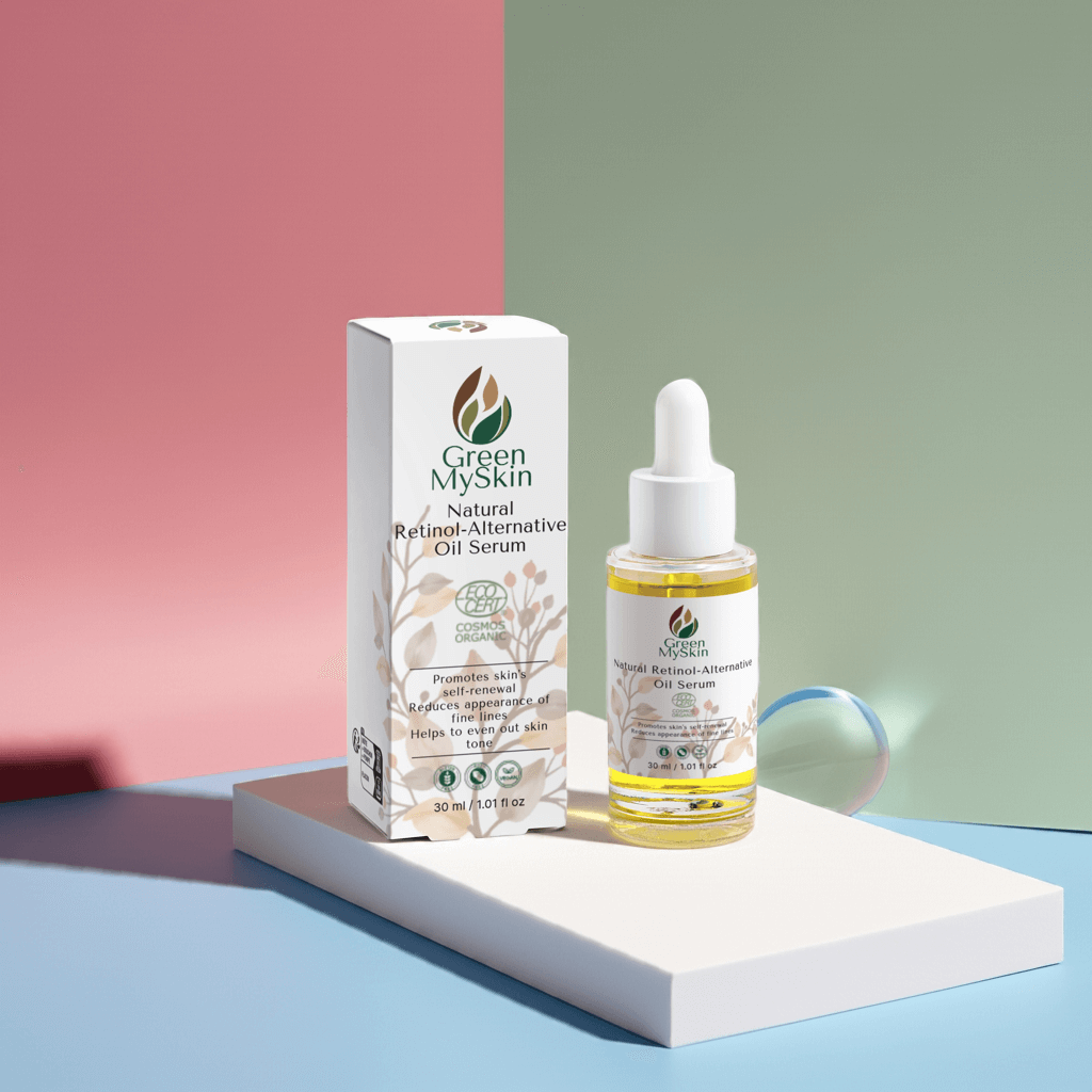 Natural retinol alternative oil serum in a bottle and box, promoting skin renewal and an even tone.