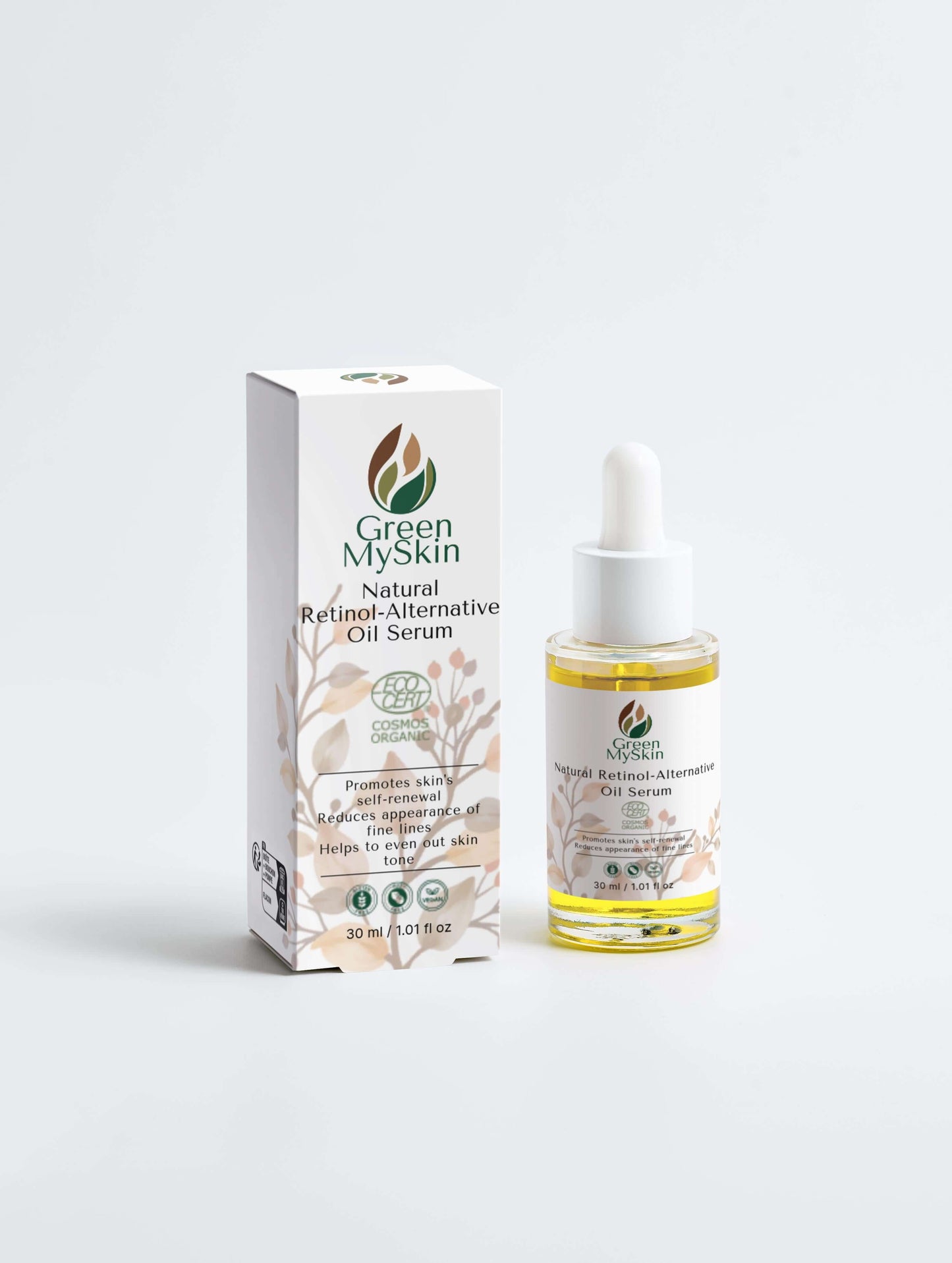Natural Retinol Alternative Oil Serum bottle and box, promoting skin renewal and even tone.