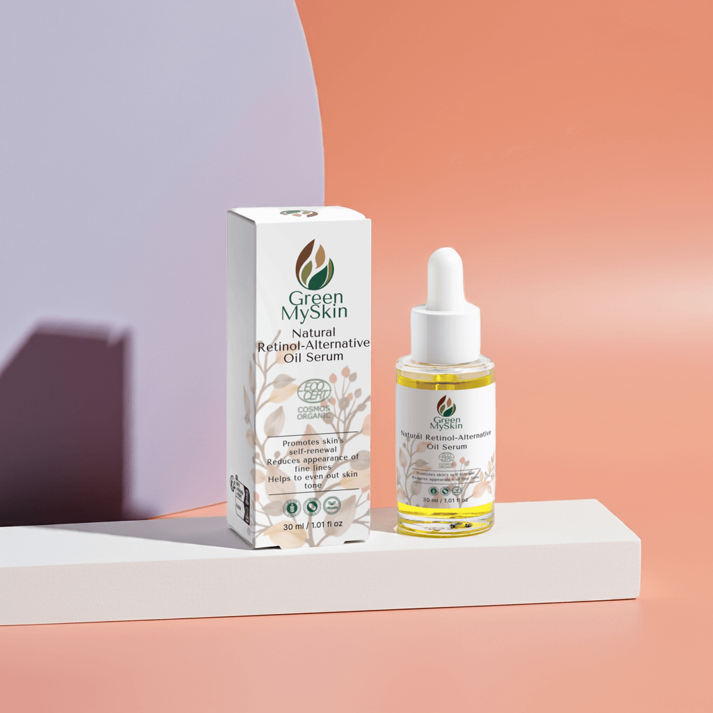 Bottle and packaging for a natural retinol alternative oil serum that helps with skin renewal and achieving an even complexion.