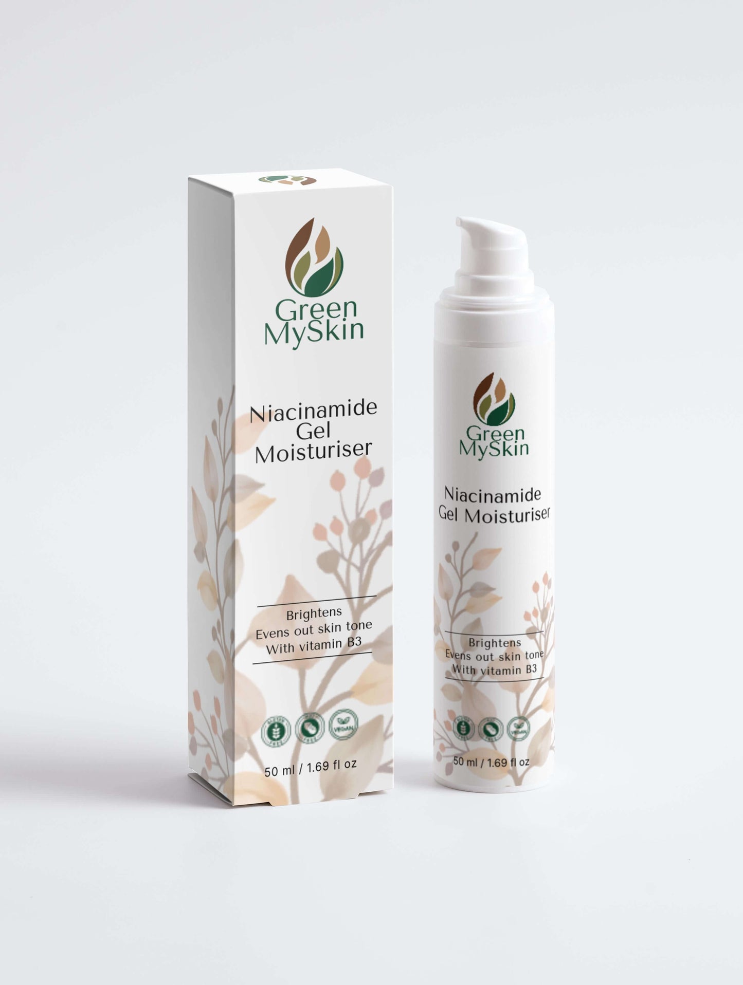 Vegan niacinamide gel moisturiser with organic, cruelty-free ingredients to hydrate, brighten, and even skin tone, available at greenmyskin.com.