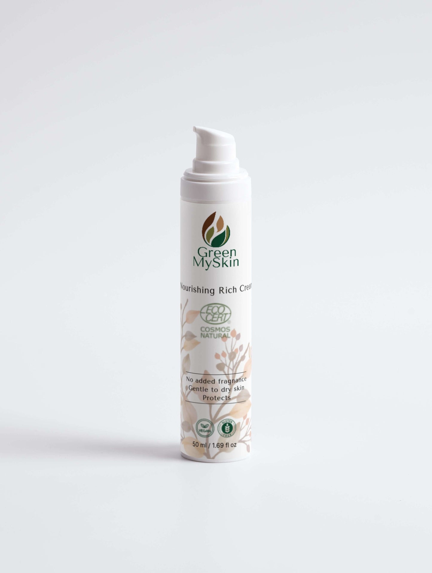 Nourishing Rich Cream packaging with pump bottle and box, suitable for dry skin.