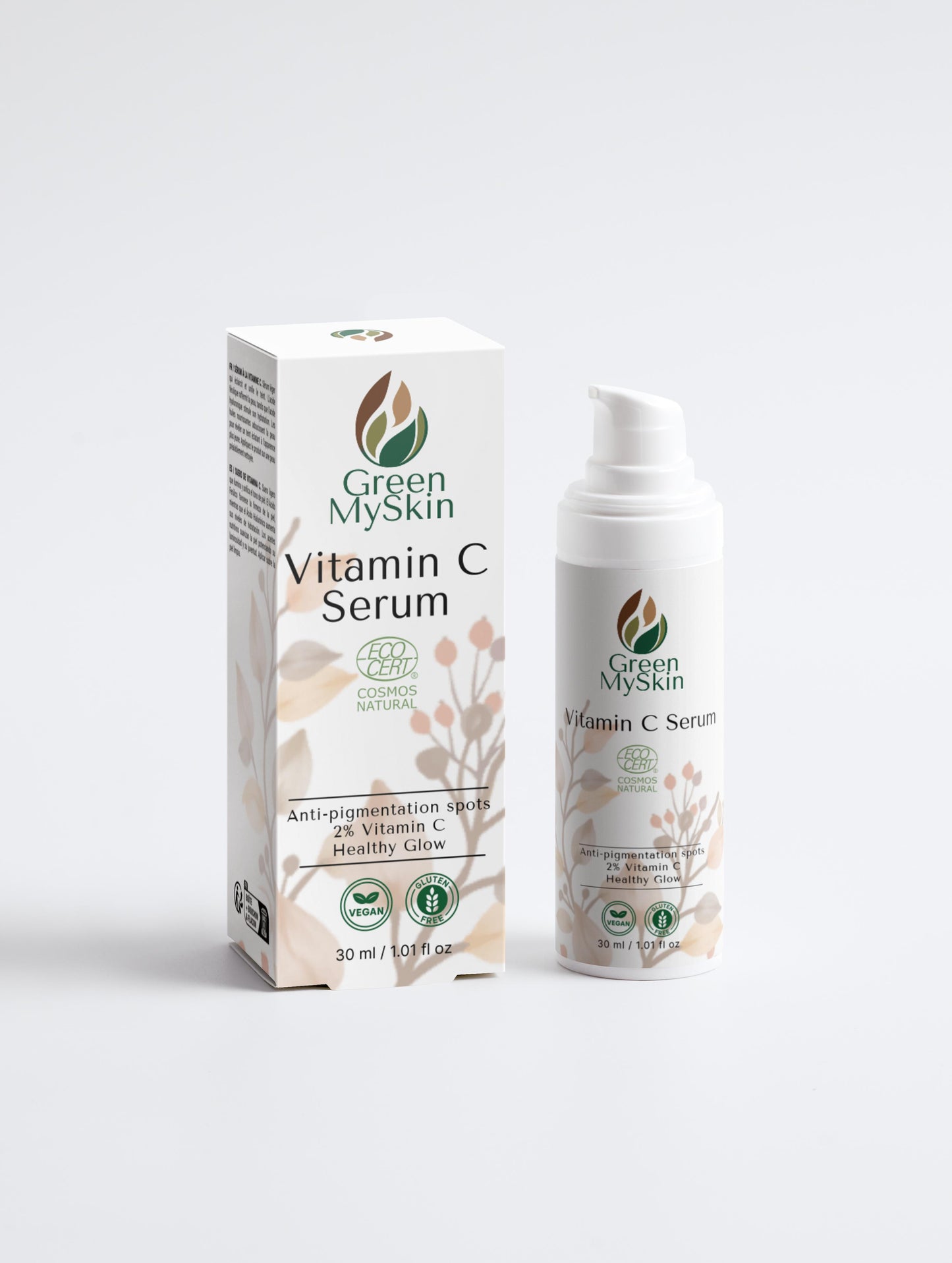Vitamin C Serum for brightening skin by Green MySkin, in a 30ml bottle with packaging.