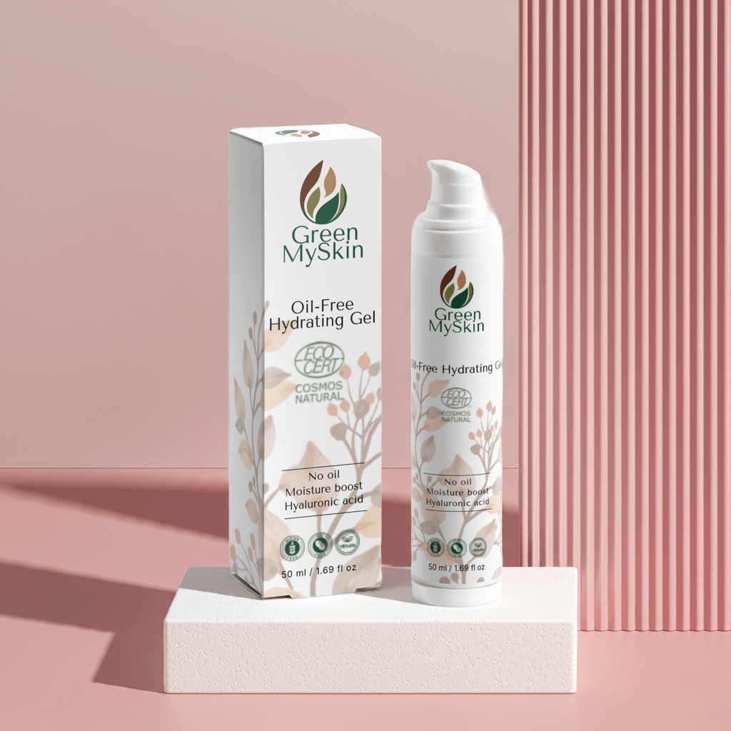 Vegan, oil-free hydrating gel by Green My Skin (COSMOS natural), containing organic, cruelty-free ingredients for refreshing, hydrating, and balancing skin without clogging pores.