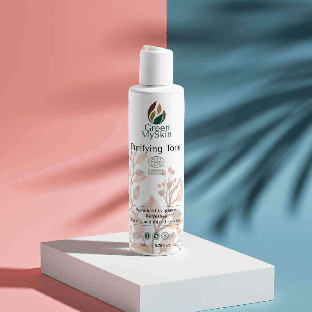 Vegan purifying toner with organic, cruelty-free ingredients to cleanse, balance, and refine pores, available at greenmyskin.com.
