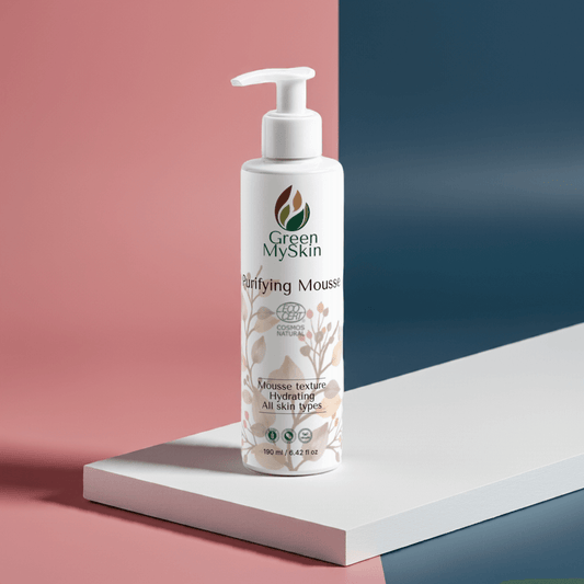 Vegan purifying mousse by Green My Skin. Organic, cruelty-free, and COSMOS NATURAL, it cleanses, detoxifies, and balances skin., available at greenmyskin.com