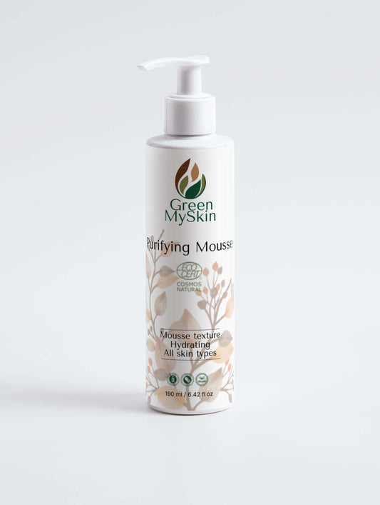 Vegan purifying mousse with organic, cruelty-free ingredients to cleanse, detoxify, and balance skin, available at greenmyskin.com