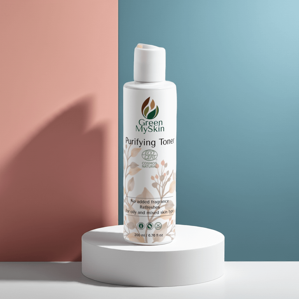 Vegan purifying toner with organic, cruelty-free ingredients to cleanse, balance, and refine pores, available at greenmyskin.com.