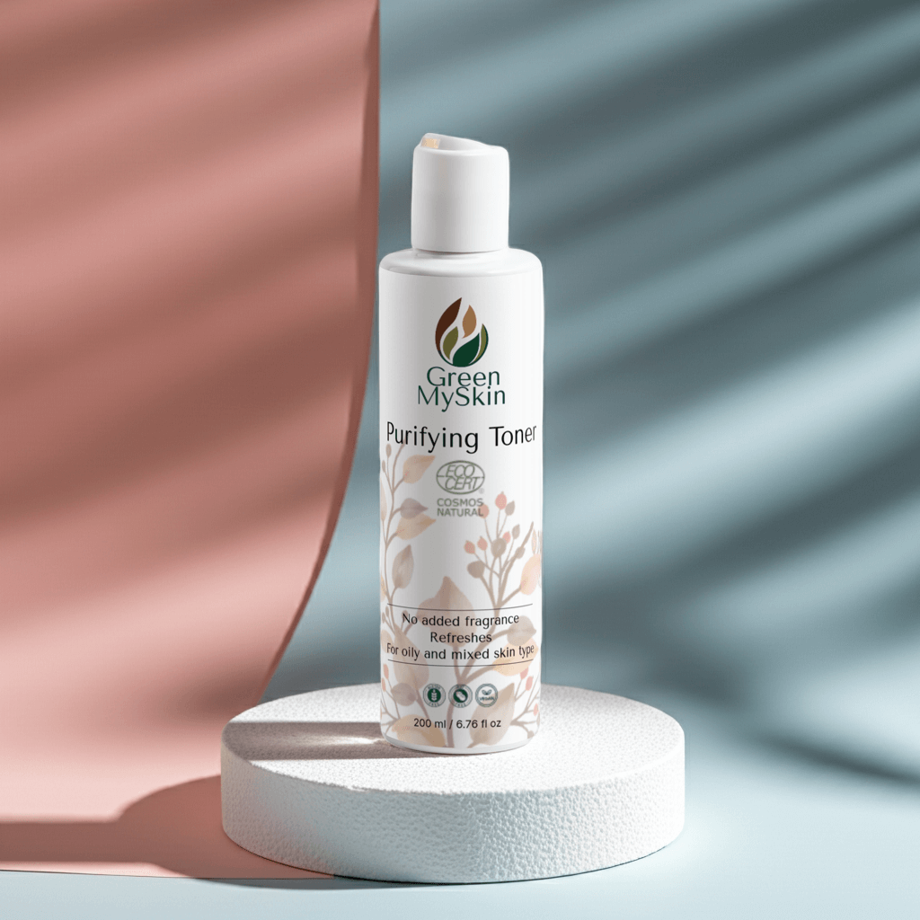 Vegan purifying toner with organic, cruelty-free ingredients to cleanse, balance, and refine pores, available at greenmyskin.com.