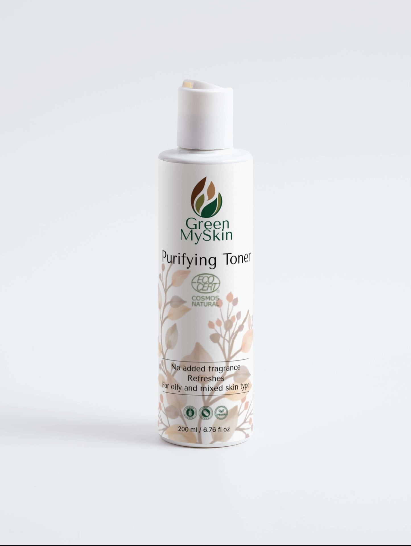Vegan purifying toner with organic, cruelty-free ingredients to cleanse, balance, and refine pores, available at greenmyskin.com.