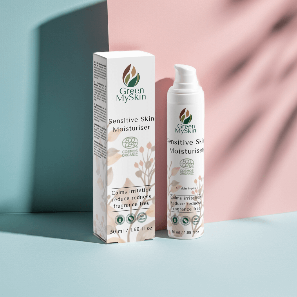 Green My Skin sensitive skin moisturizer with packaging on a pastel background