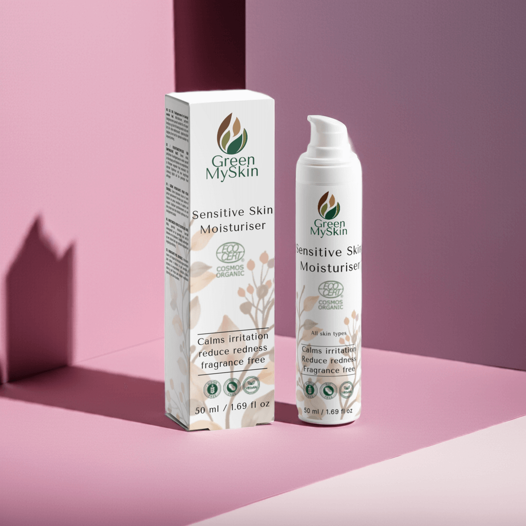 Green My Skin sensitive skin moisturizer bottle and packaging on a pink background
