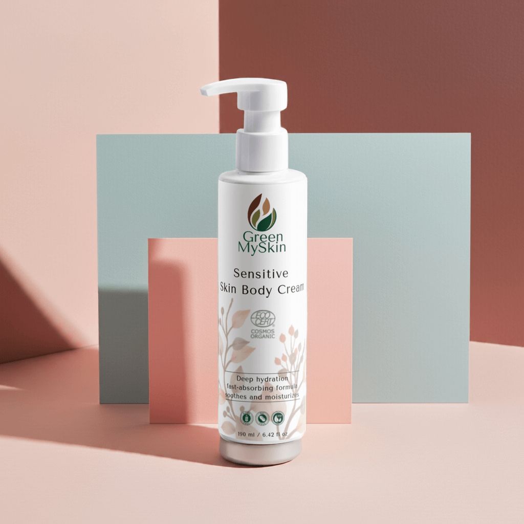 White bottle of Green My skin Sensitive Skin Body Cream on a brown background with natural elements in pastel colours