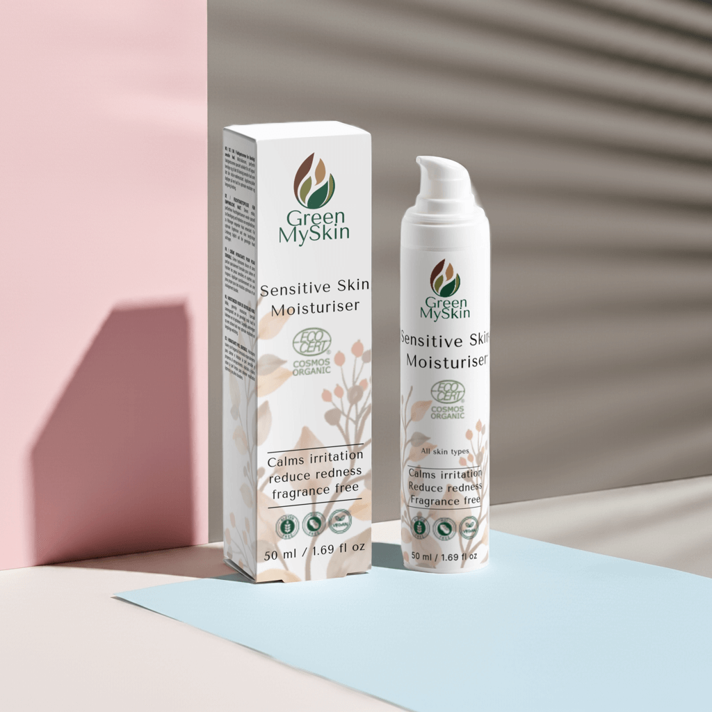 Green My Skin sensitive skin moisturizer with packaging on a pastel background