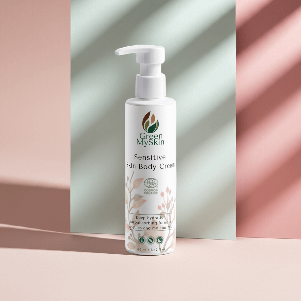 White bottle of Green My skin Sensitive Skin Body Cream on a brown background with natural elements in pastel colours