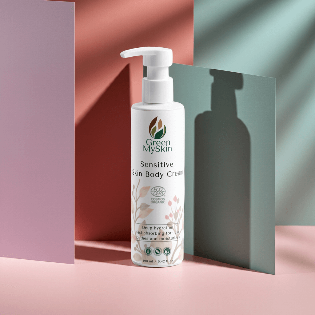White bottle of Green My skin Sensitive Skin Body Cream on a brown background with natural elements in pastel colours