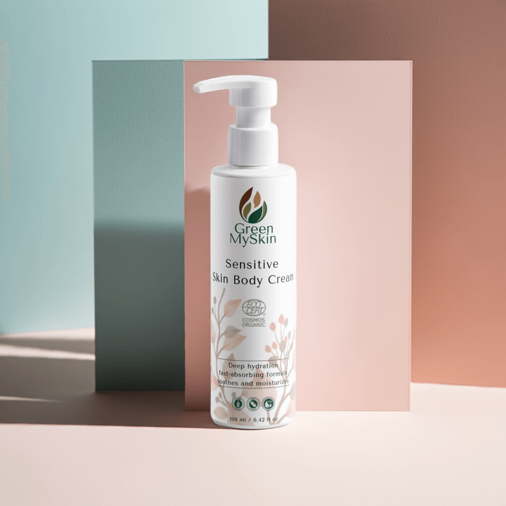 White bottle of Green My skin Sensitive Skin Body Cream on a brown background with natural elements in pastel colours
