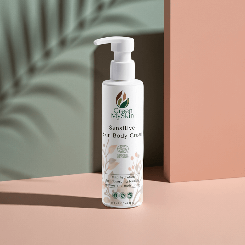 White bottle of Green My skin Sensitive Skin Body Cream on a brown background with natural elements in pastel colours
