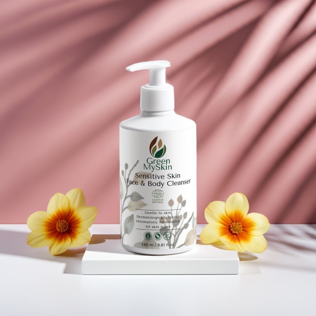 Sensitive Skin Face & Body Cleanser by Green My Skin, gentle formulation with floral background for delicate skin care.