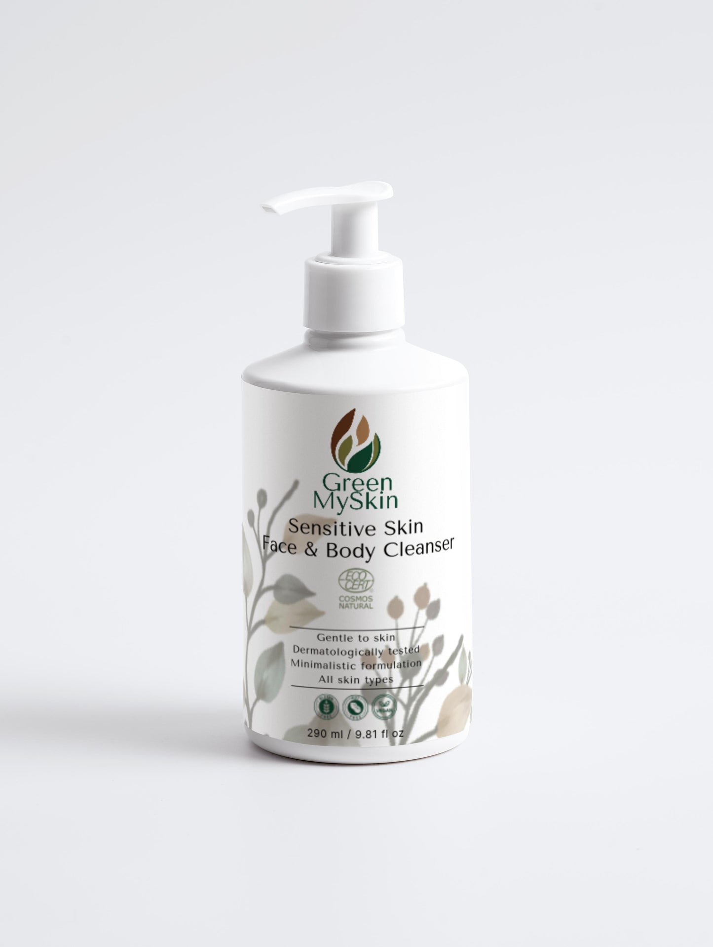 Sensitive Skin Face & Body Cleanser from Green My Skin in a pump bottle for gentle daily cleansing.