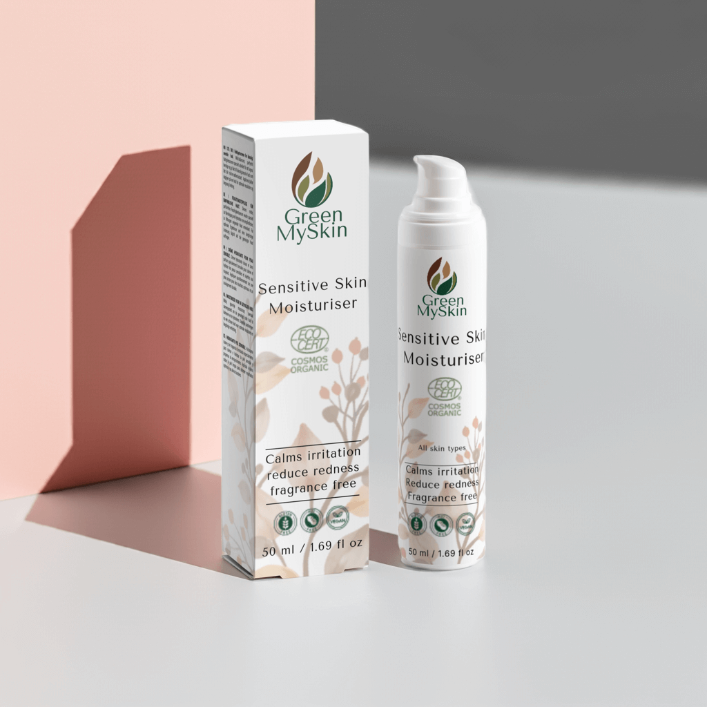 Green My Skin sensitive skin moisturizer with packaging on a pastel background