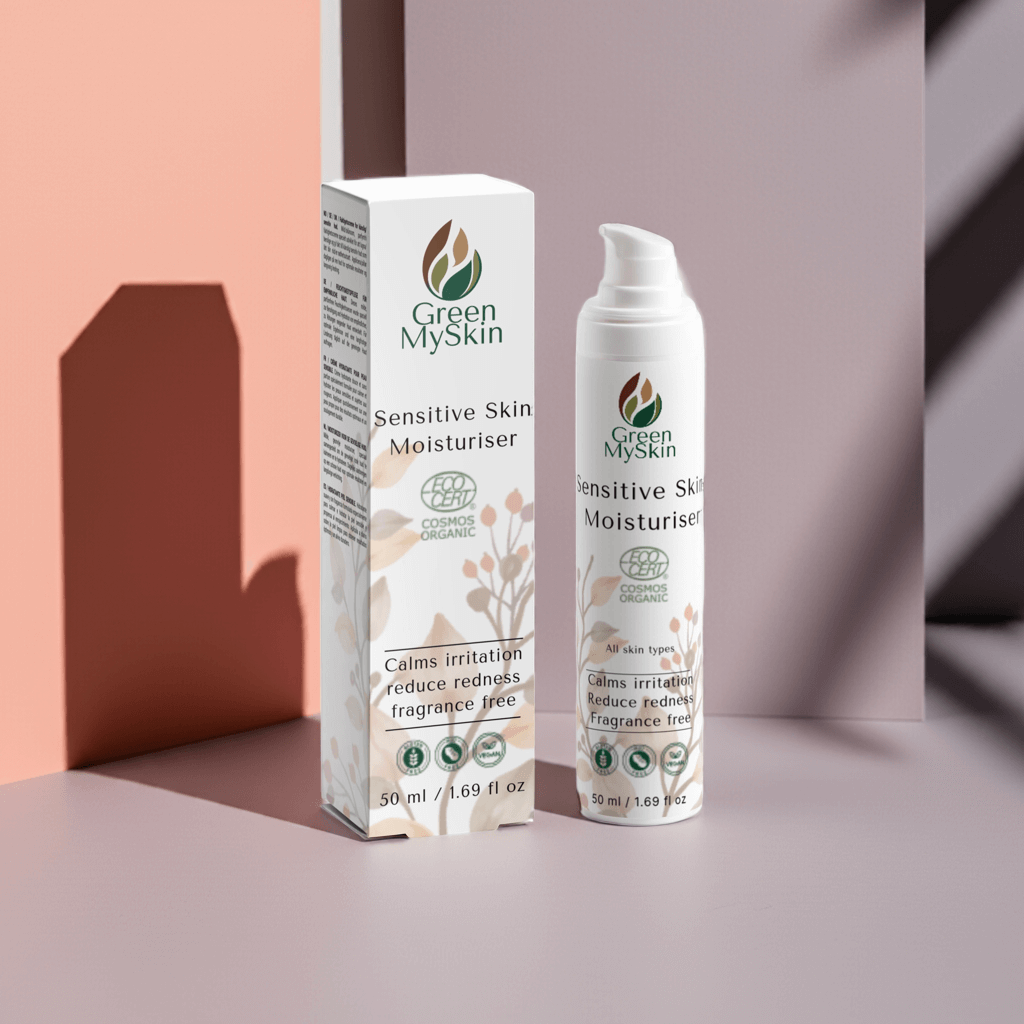 Green My Skin sensitive skin moisturizer with packaging on a pastel background