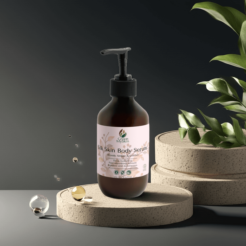 silk-skin-body-serum bottle with pump, offering deep hydration and woody amber & leather scent