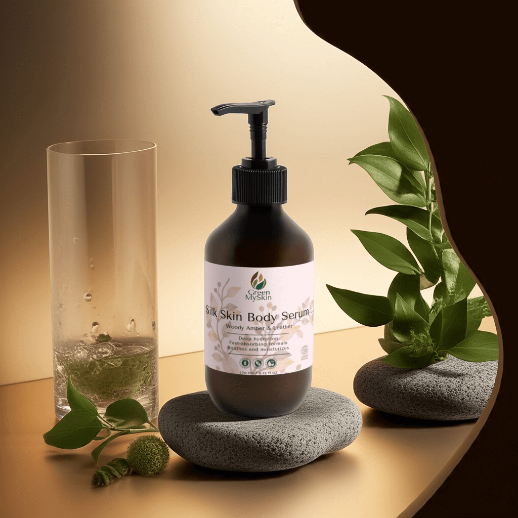 silk-skin-body-serum bottle with pump, offering deep hydration and woody amber & leather scent
