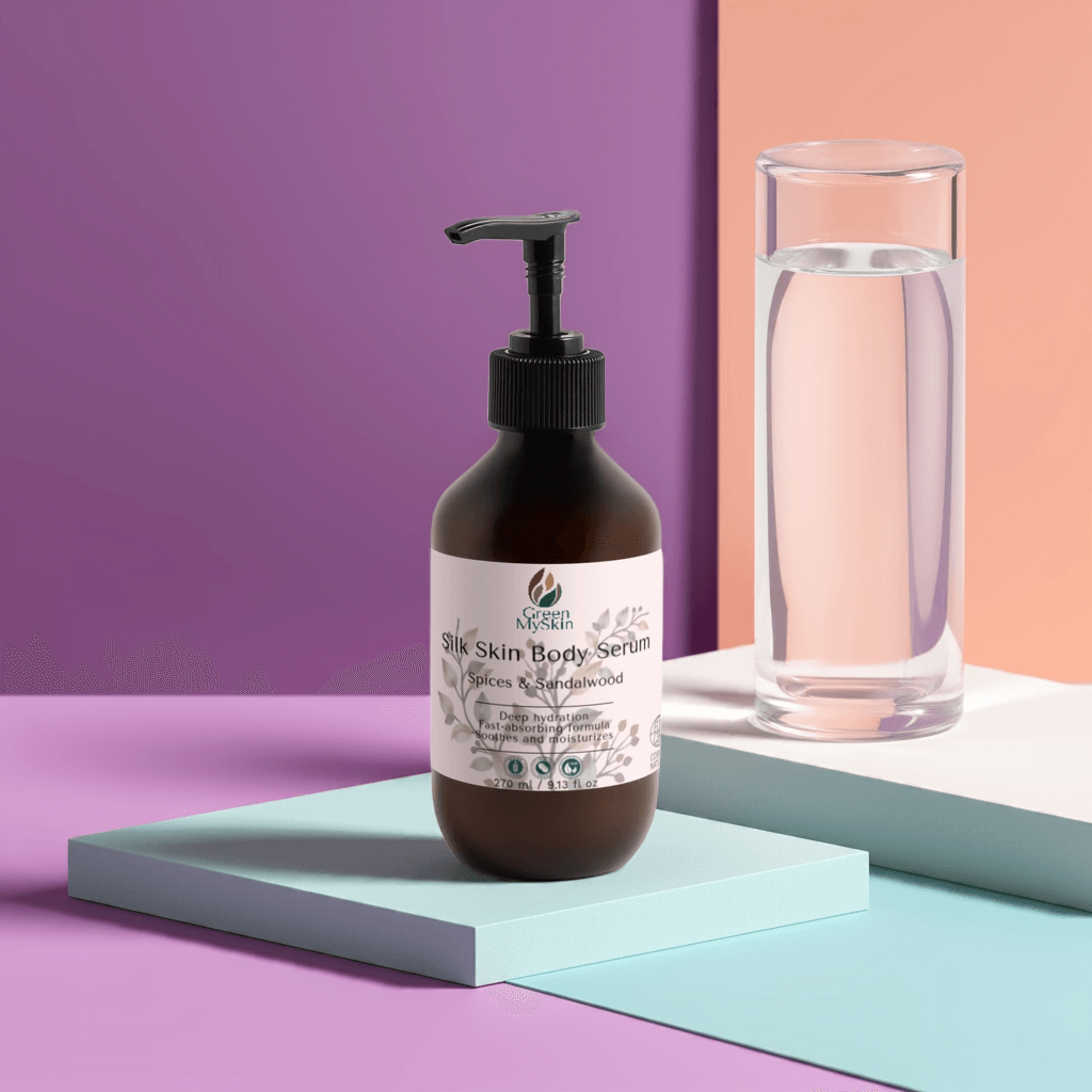 Silk Skin Body Serum with Spices & Sandalwood on pastel display, highlighting its hydrating properties.