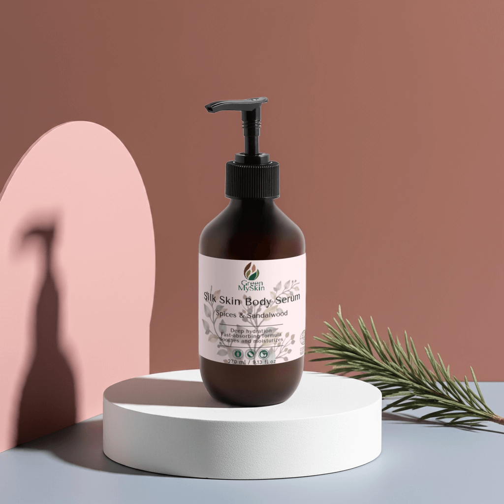 Silk Skin Body Serum with Spices & Sandalwood on a display, showcasing deep hydration and nourishment.