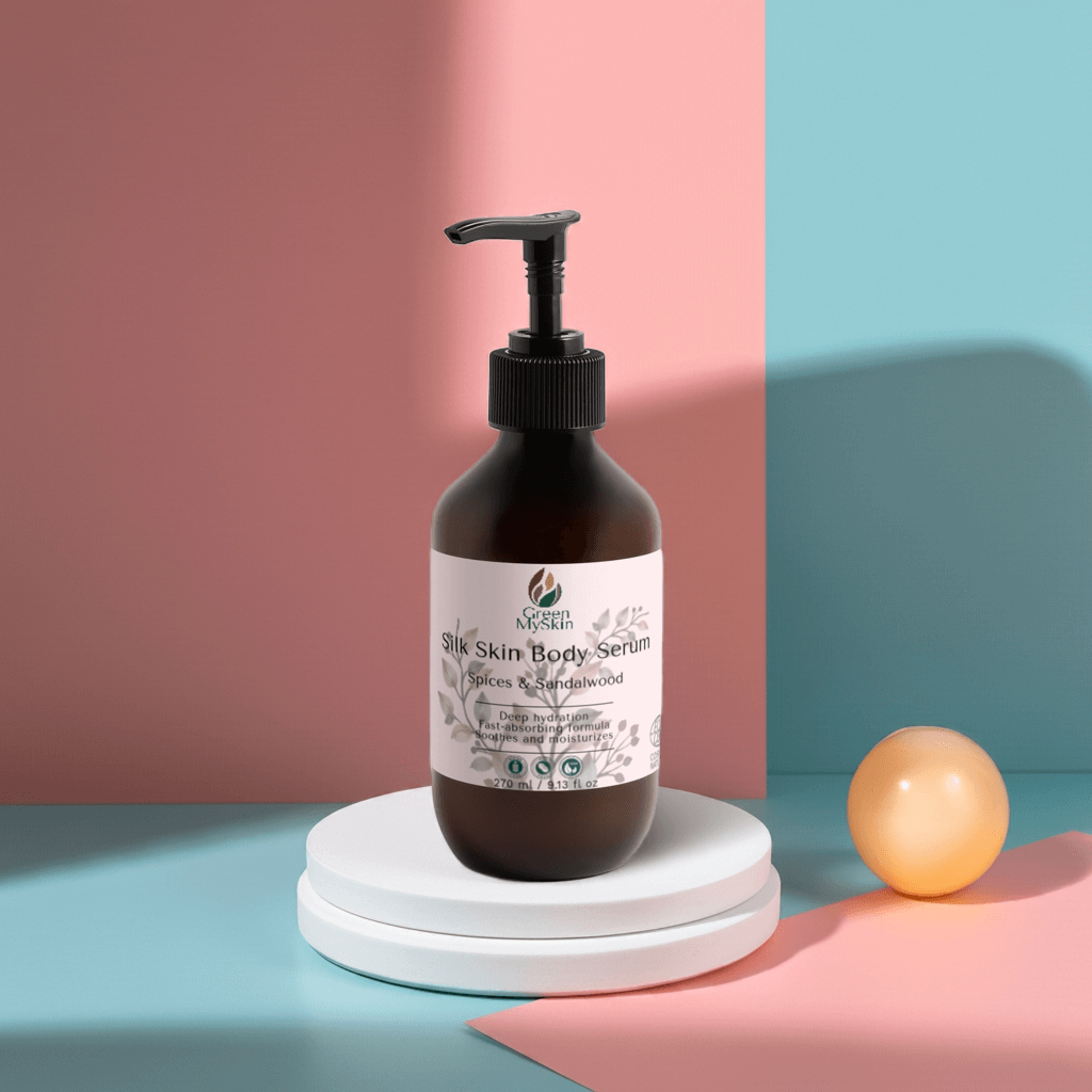Silk Skin Body Serum with Spices & Sandalwood in amber bottle on display, promoting deep hydration and nourishment.
