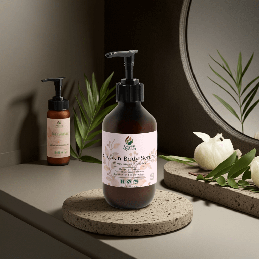 silk-skin-body-serum bottle with pump, offering deep hydration and woody amber & leather scent