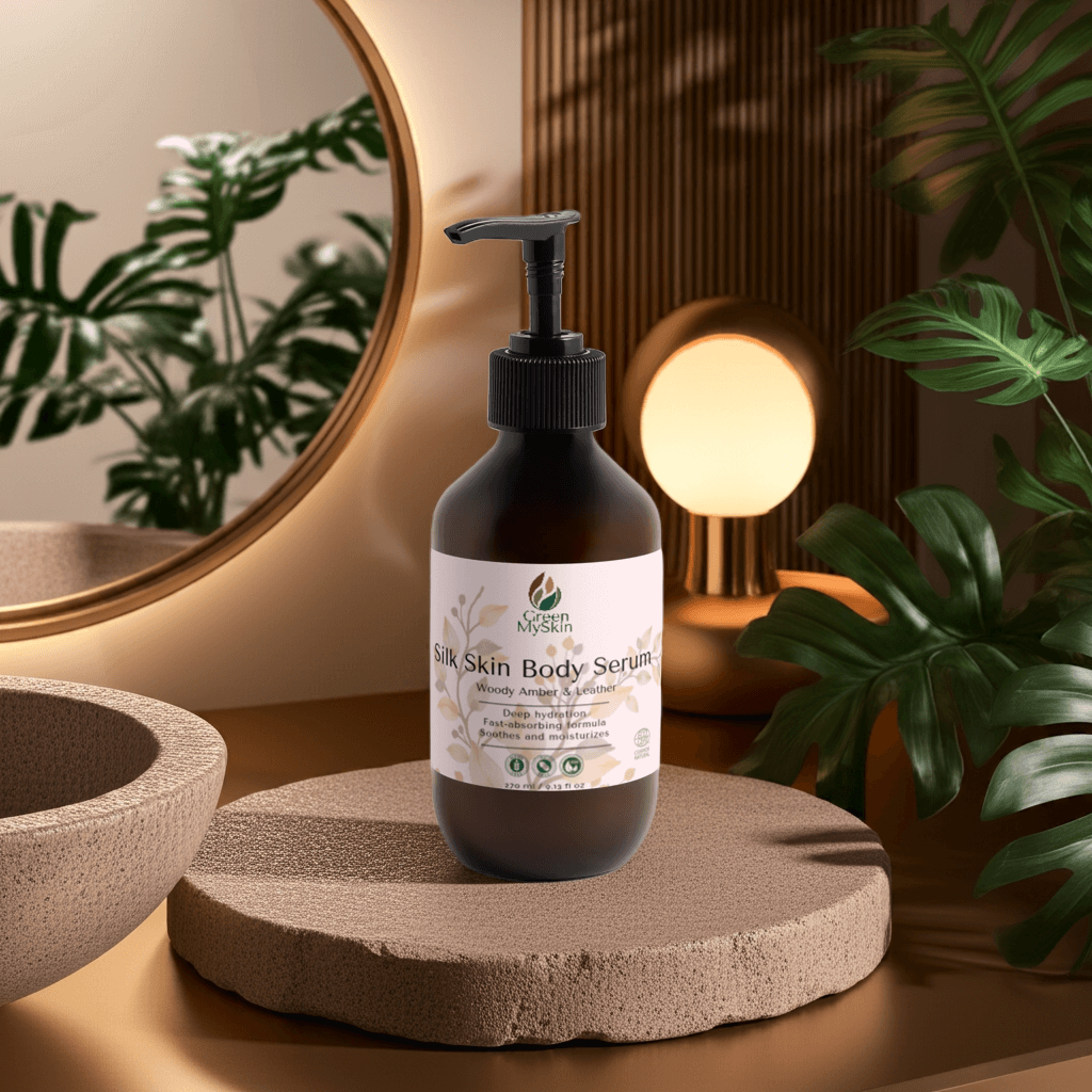 silk-skin-body-serum bottle with pump, offering deep hydration and woody amber & leather scent