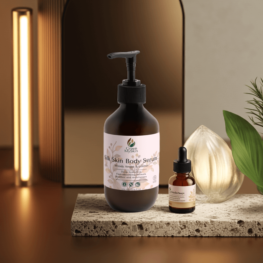 silk-skin-body-serum bottle with pump, offering deep hydration and woody amber & leather scent